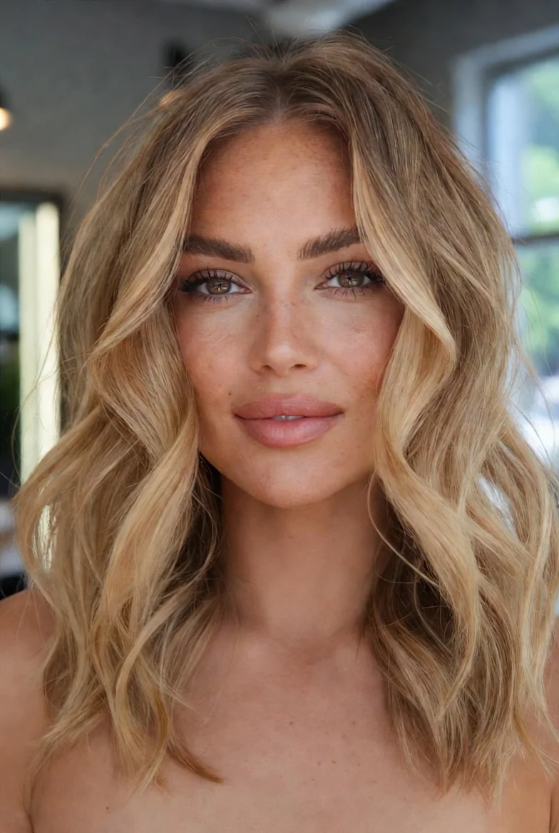Honey blonde hair color with soft beach waves