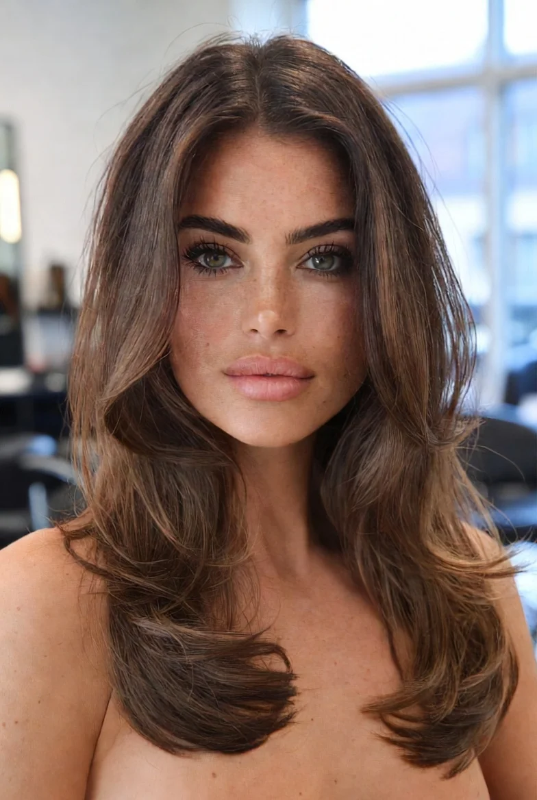 Classic long butterfly haircut with soft feathered layers.