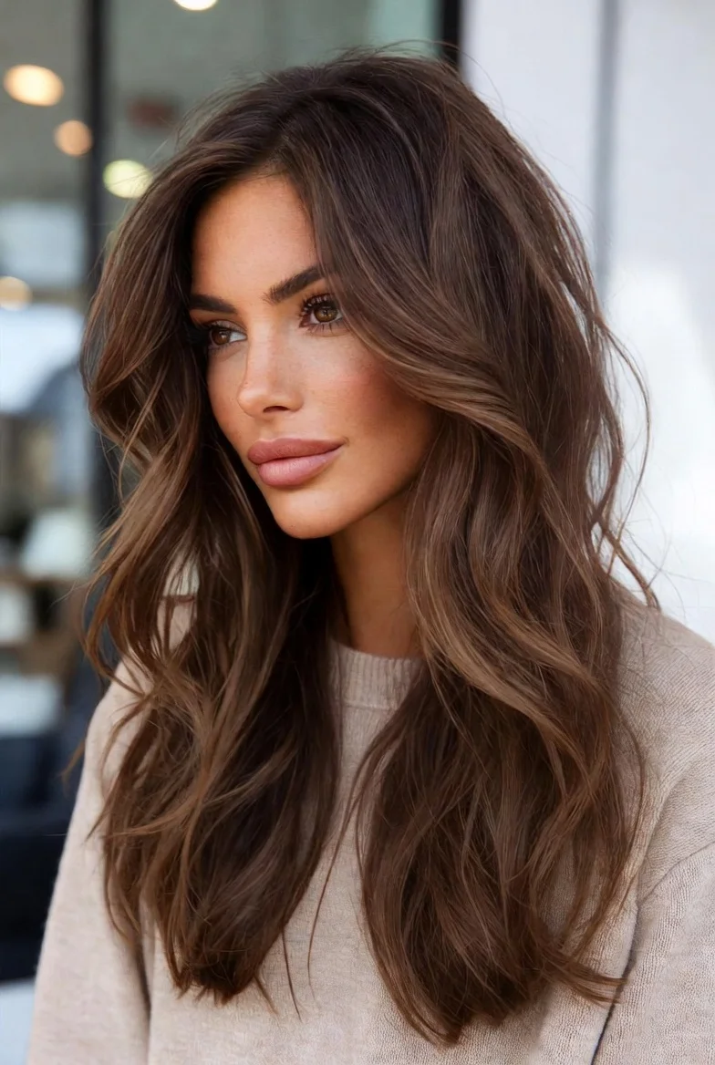 Soft beach waves hairstyle on long brunette hair.