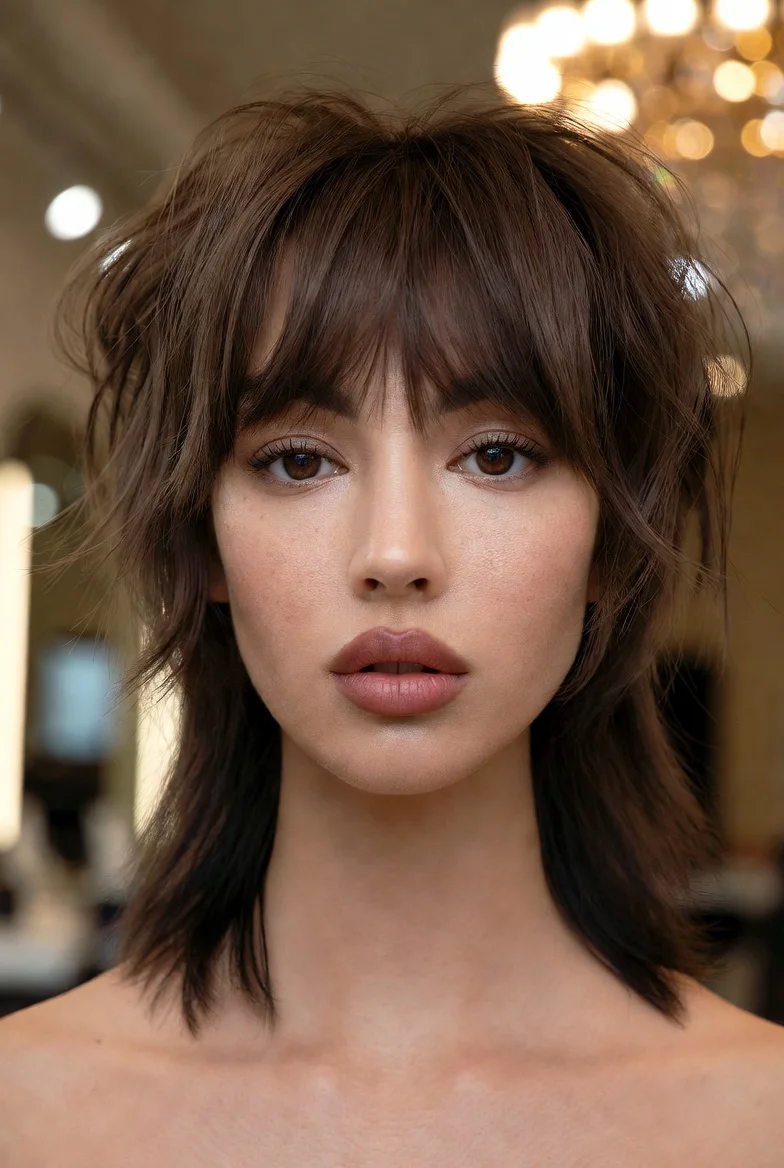 Textured butterfly haircut with tousled layers.