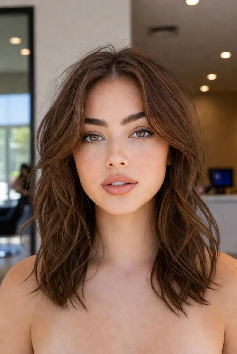 Modern wavy shag haircut.