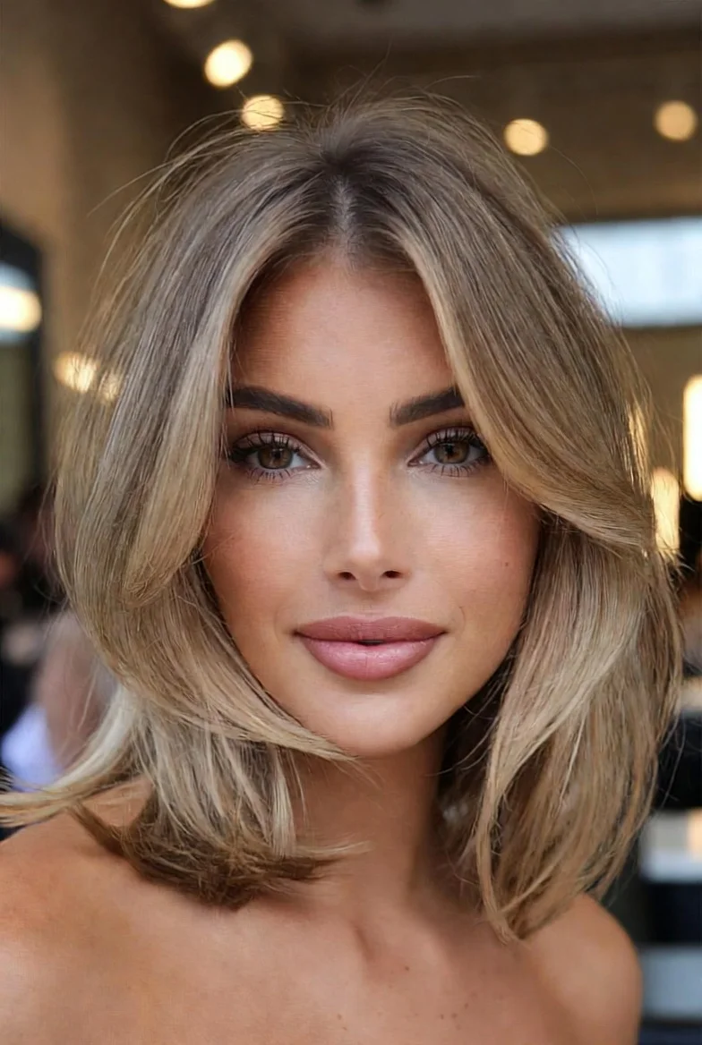 Medium-length layered wavy hairstyle.