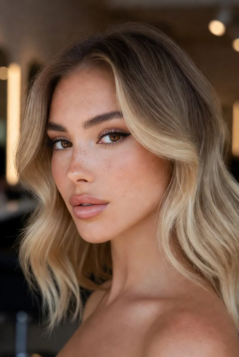 Rooted blonde hair with soft root melt