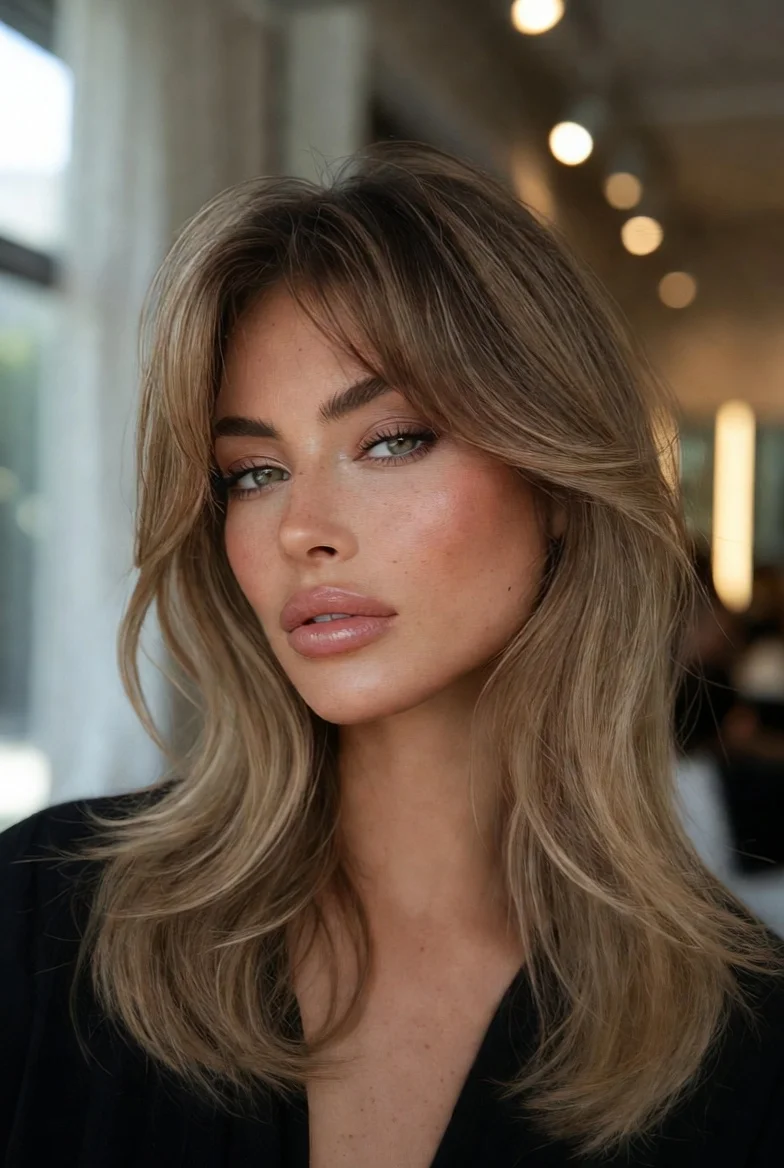 Butterfly haircut with soft curtain bangs and feathered layers.