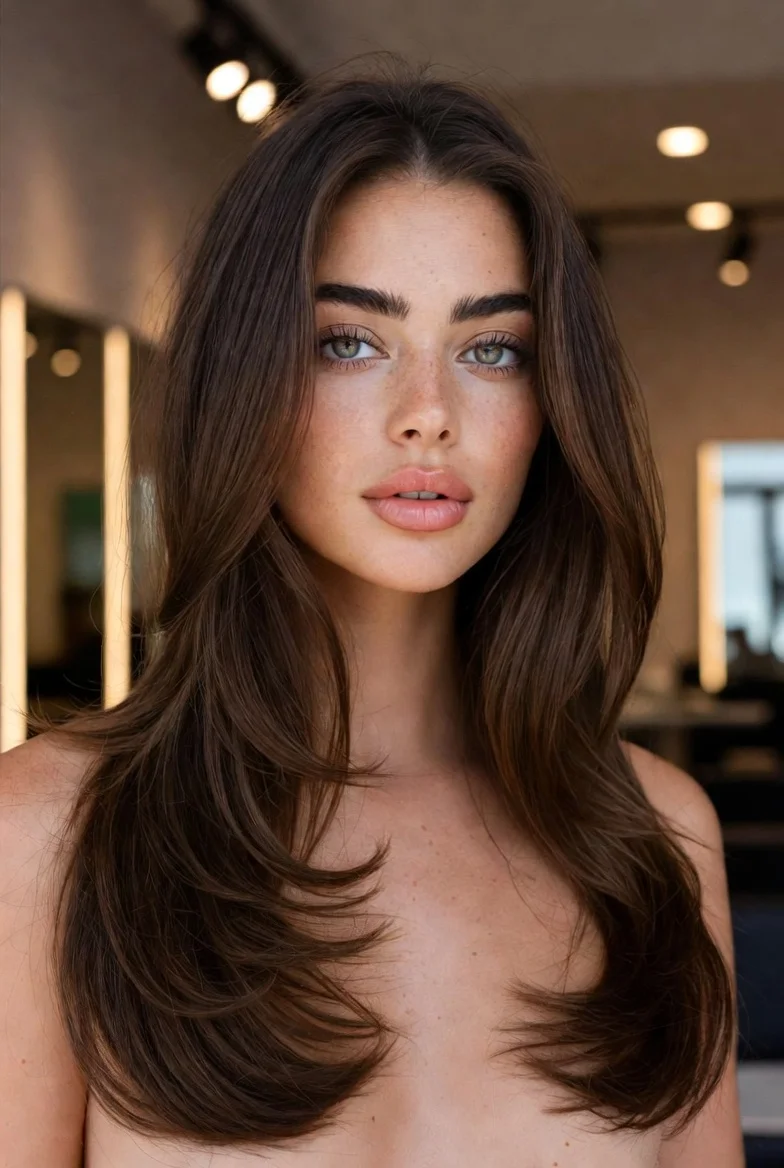 Soft butterfly haircut with blended layers.