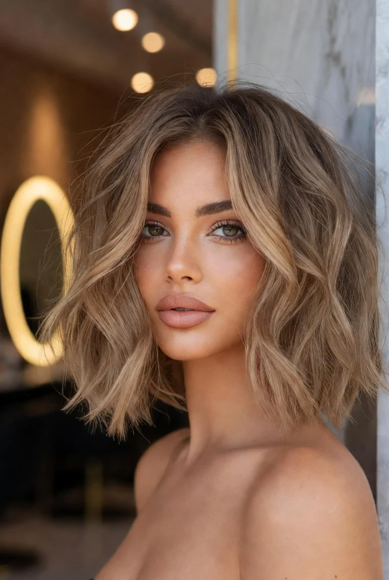 Shoulder-length wavy lob haircut.