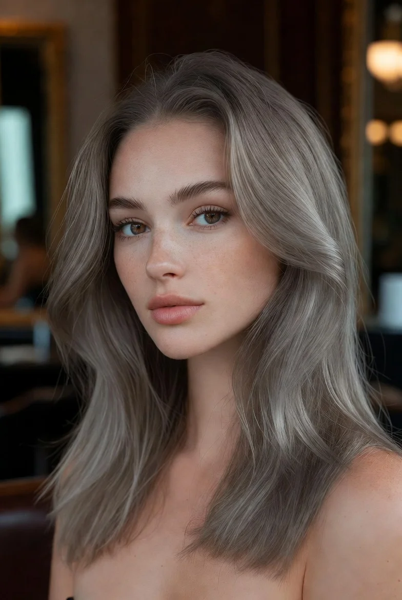 Ash blonde hair color with cool smoky tones