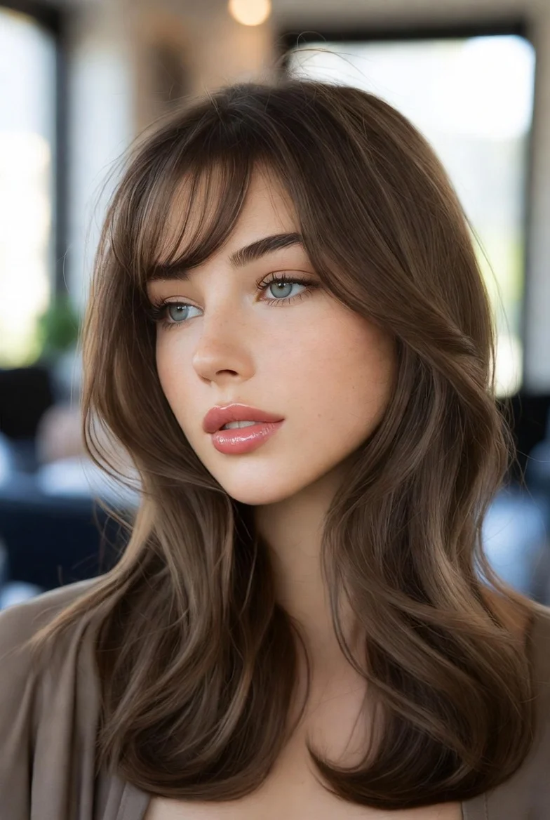 Curtain bangs with soft wavy hairstyle.
