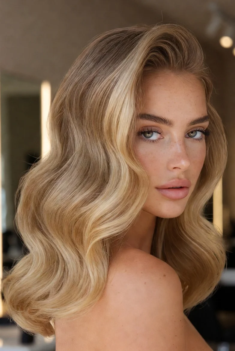 Champagne blonde hair with soft glamorous curls