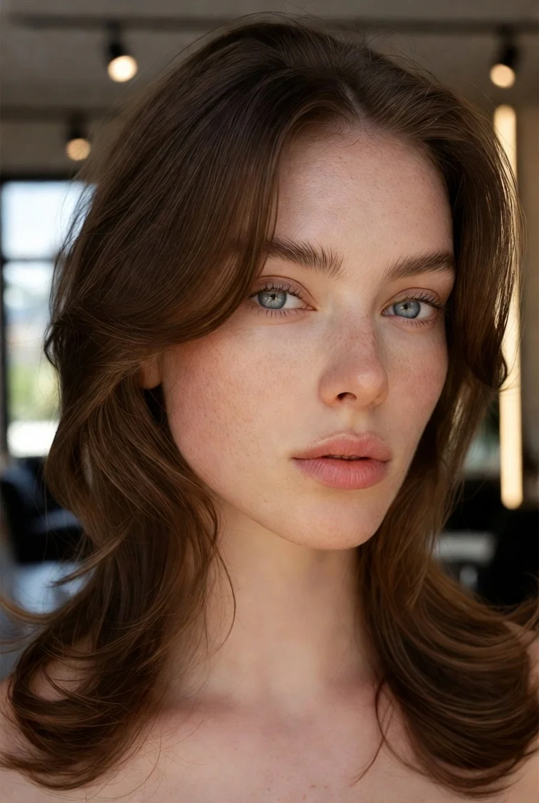 Butterfly haircut with face-framing layers.