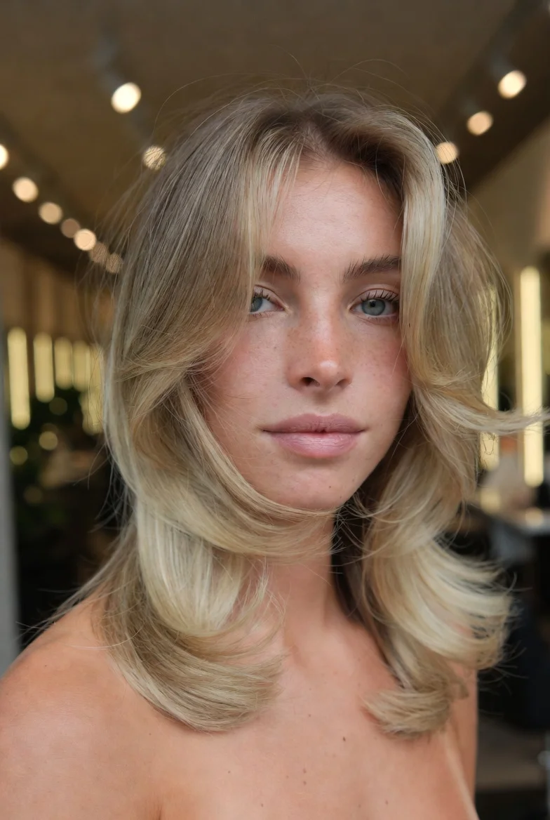 Voluminous butterfly haircut blowout.