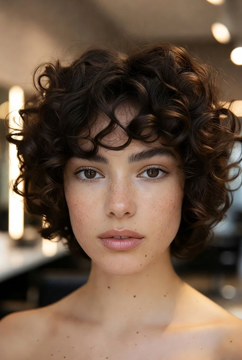 Curly butterfly haircut with defined layers.