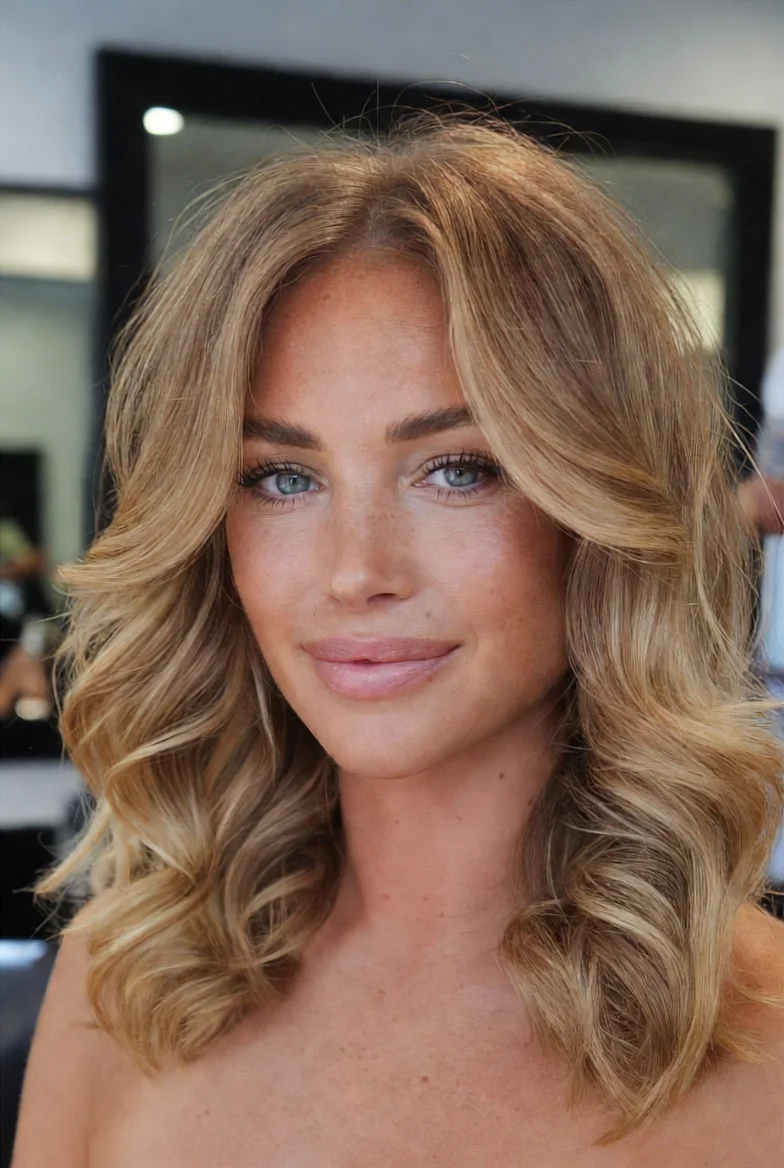 Golden blonde hair color with loose curls