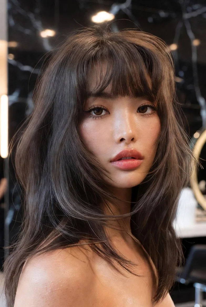 Butterfly haircut with wispy bangs.