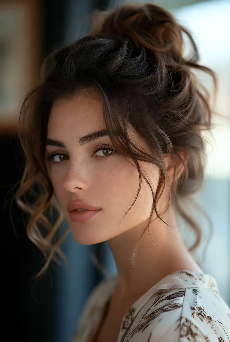 Messy wavy bun hairstyle.