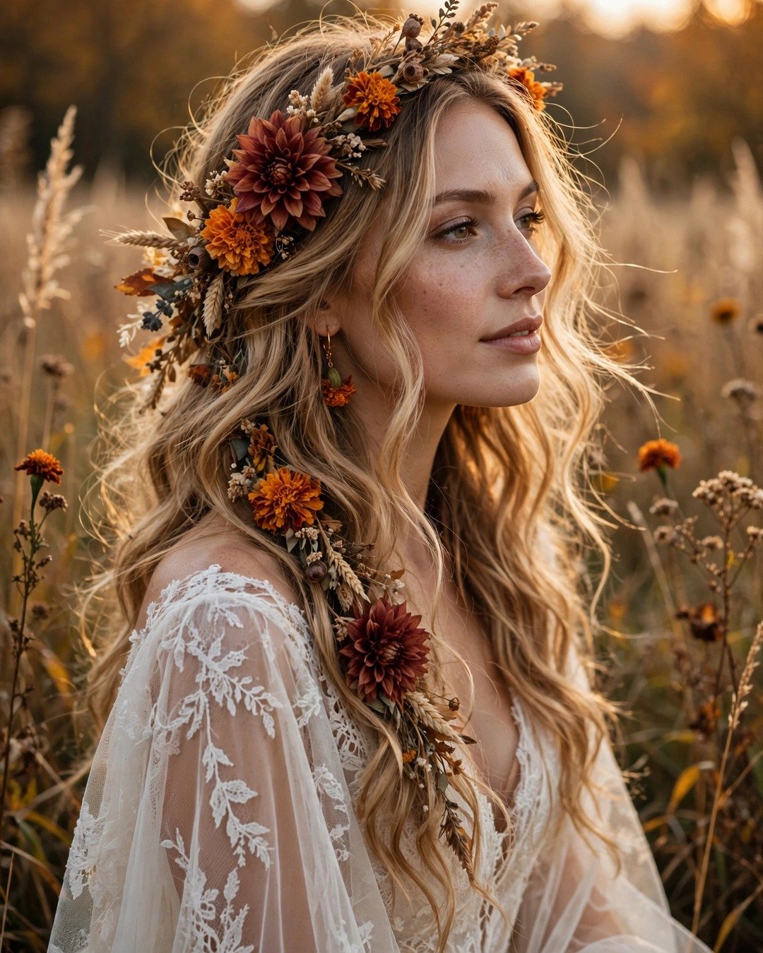 Loose Waves with Dried Florals