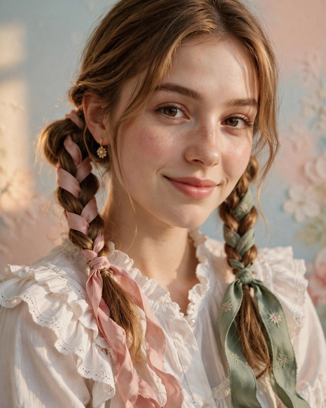 Low Pigtail Braids with Long Ribbons