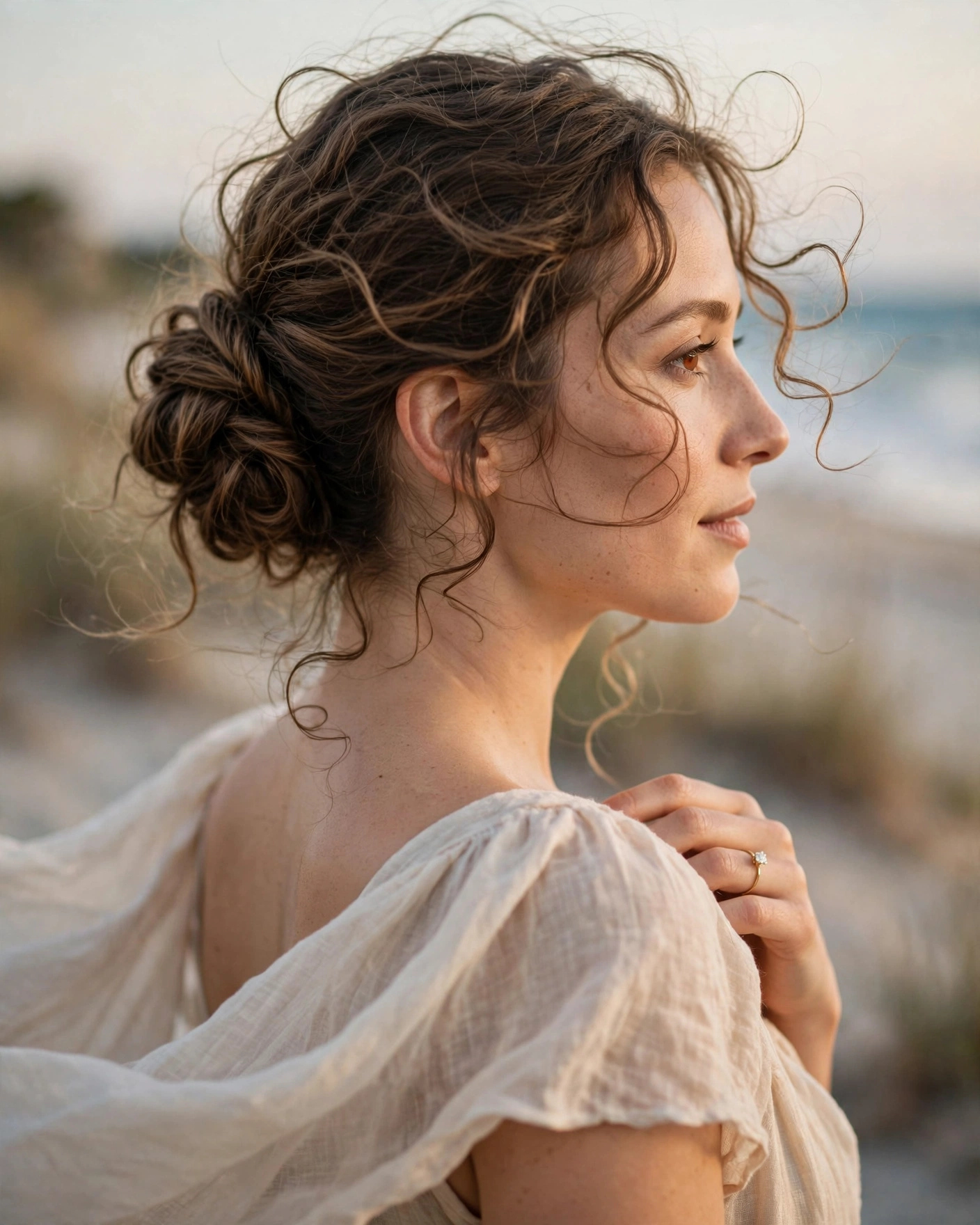 Textured Low Bun with Escaping Curls