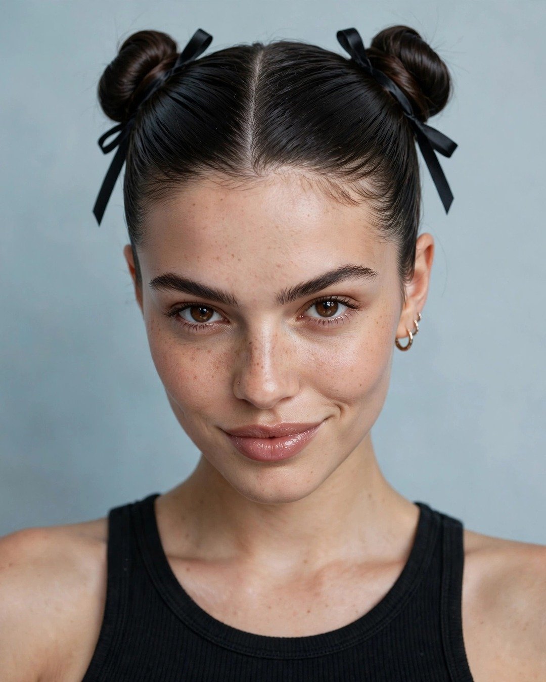 Double Slicked-Back Buns with Slim Ribbons